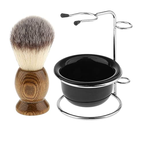 MagiDeal Wood Shaving Brush + Stainless Steel Holder Soap Mug Bowl Set
