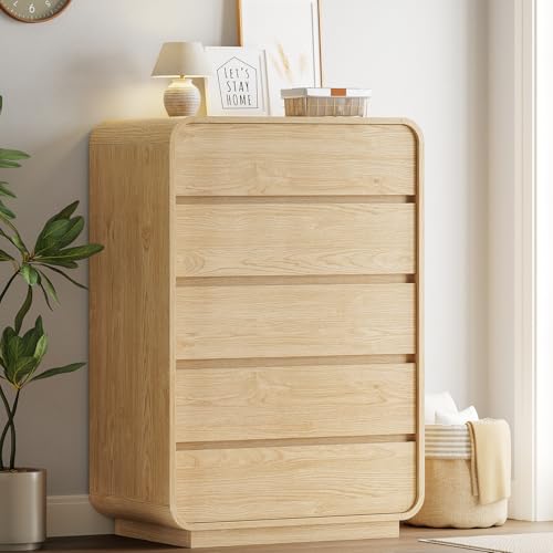 Image of HAUOMS Tall Dresser for Bedroom, 5 Drawers Vertical Dressers & Chests of Drawers w/Curved Profile Design, Wood Mid Century Modern Dresser for Bedroom, Living Room, Natural Oak