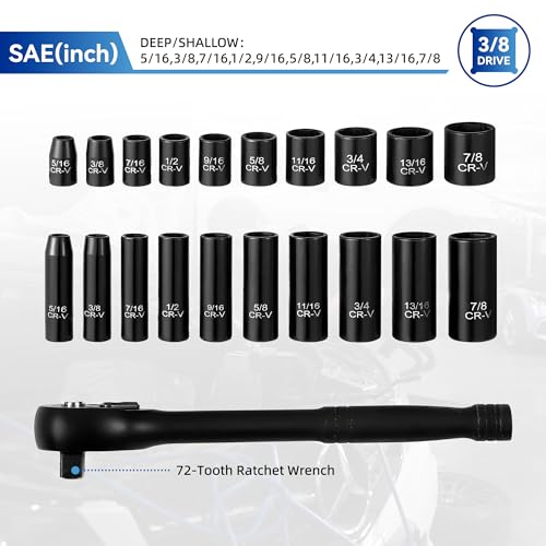 Image of Reniteco 21-Piece 3 /8 inch Drive Socket Set, SAE (5 /16 inch- 7 /8 inch), Deep and Shallow Sockets, 72-Tooth Ratchet Wrench, 6 Point Design, Cr-V