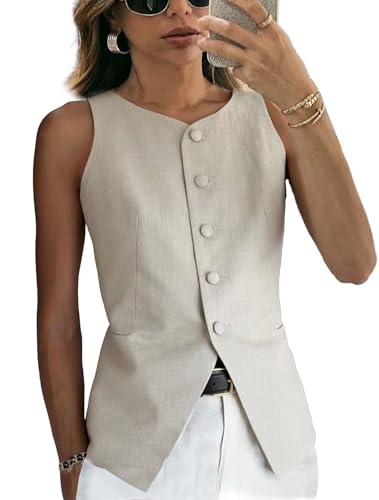 Women's Linen Waistcoat Slim Fit 5 Button V-Neck Dressy Suit Vest