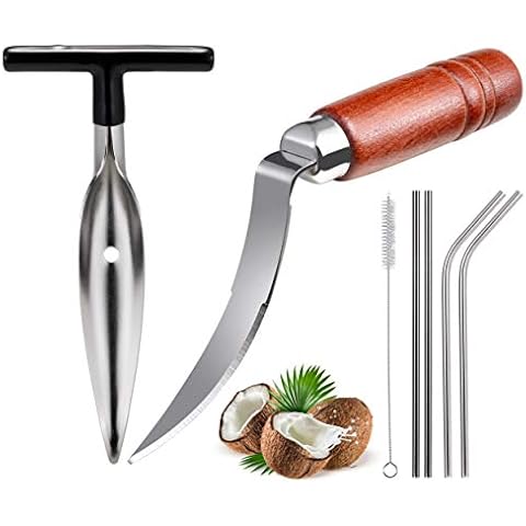 Coconut Opener Tools, Set of Stainless Steel Coconut Puncher with Straws, Brush, Coconut Meat Remover with Wood Handle, For Green & Young Coconut Cover