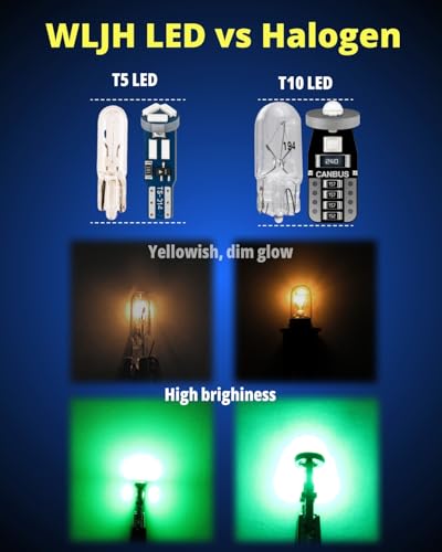 Image of WLJH Green T10 T5 LED Dash and Interior Bulb Kit with Twist Socket, 40-Pack | 4014 SMD, 300lm, Polarity-Free, for Instrument Cluster, Dome, Map, Vanity, Glove Box and License Plate Lights, Dimmable