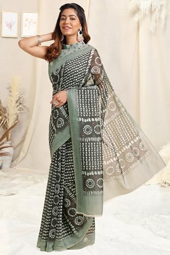 Image of MIRCHI FASHION Women Saree Ajrakh Digital Printed Cotton Blend | Lightweight Professional Office Sari with Blouse Fabric