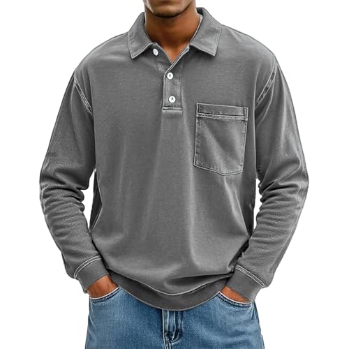 Men's Long Sleeve Polo Shirt Classic Fit Vintage Washed Pullover Shirts Casual Lapel Button Up Distressed Tee Top