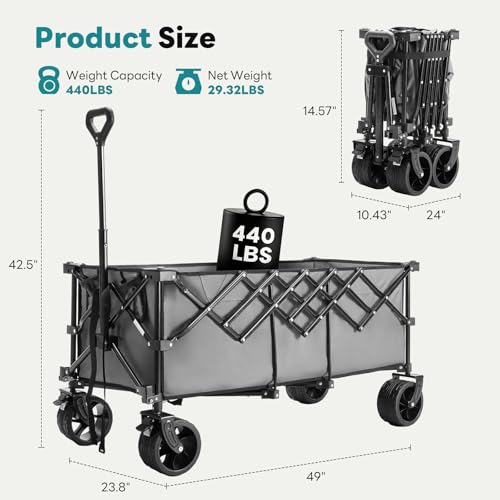 Image of DUMOS 49''L Collapsible Extended Wagon with 440LBS Capacity, Heavy Duty Wagons Garden Cart with All-Terrain Big Wheels & Drink Holders, 250L Foldable Carts for Sports, Shopping, Camping, Grey