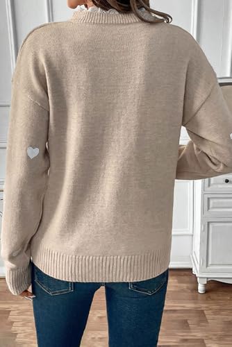 Women V Neck Heart Sweater Dressy Casual Pullover with Lace Trim Cute Tops3