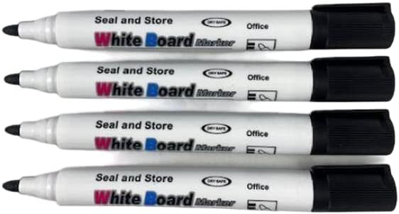 4 Pack BLACK large whiteboard marker pens dry wipe markers pens with CLIPS.