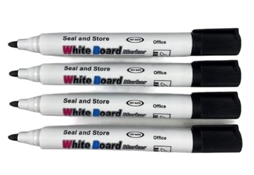 4 Pack BLACK large whiteboard marker pens dry wipe markers pens with CLIPS.