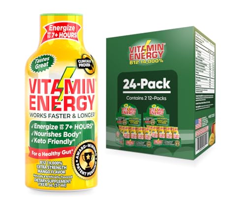 Vitamin Energy B12 Energy Shots | Natural Healthy Energy & Focus Drink | Sugar-Free Carb-Free Supplement | Vitamins B6, B12 | Energize up to 7+ Hrs | Mango - 1.93 fl oz (Pack of 24)