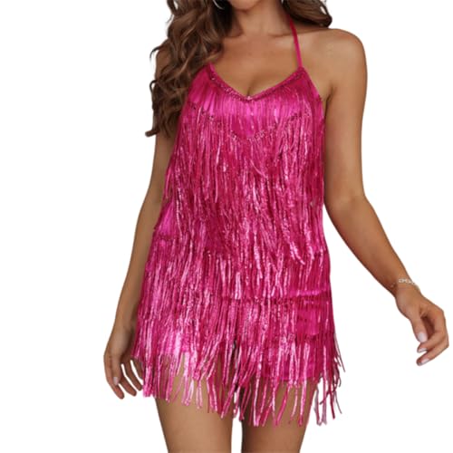 Women Halter Tassel Fringe Romper Dress Layered Sexy Backless Fringe Dress Short Jumpsuit Playsuits Club Birthday Dance Costume Concert Music Festival Outfits Prom Party Cocktail Dresses Hot Pink XS
