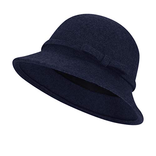 XGOPTS Women Winter Wool Bucket Hat Felt Cloche Bowler Hat Church Derby Hat Outdoor Navy Blue