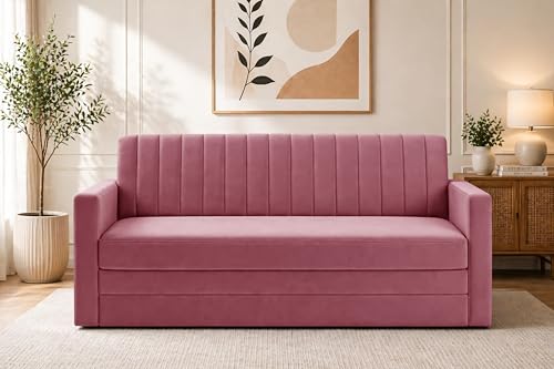 Image of Modern Velvet 3-Seater Sofa Cum Bed with Armrest, Convertible Sleeper Couch Sofa for Living Room, Bedroom & Office-Rose Pink
