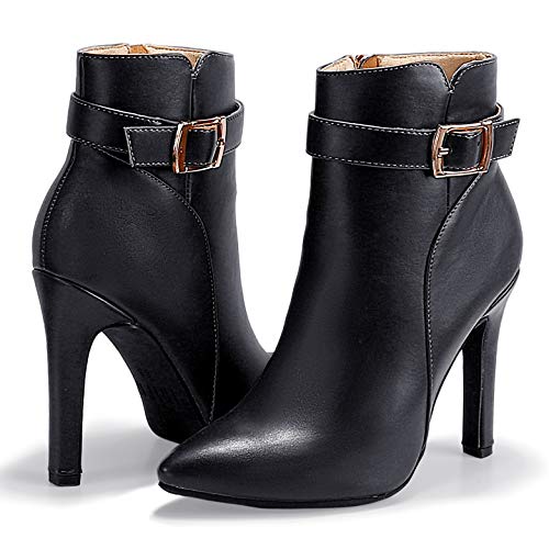 Idifu Women's Dana Pointed Toe Stiletto High Heels Ankle Booties Side Zipper Short Boots With Metal Buckle(8, Black Pu) #TOP5