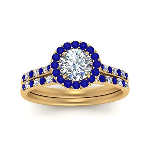 Image of Choose Your Gemstone Round Halo Ring with Matching Pave Band Yellow Gold Plated Round Shape Wedding Ring Sets Everyday Jewelry Wedding Jewelry Handmade Gifts for Wife US Size 4 to 12