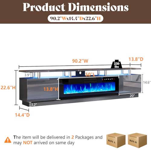 Image of AMERLIFE 90 inch High-Gloss Fireplace TV Stand with 50 inch Electric Fireplace | Gray /Black LED TV Console, Modern Living Room Entertainment Center, Fits TVs up to 100 inch, 2 Cabinets, 2-Tier Storage Space