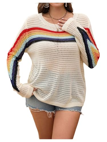 Women's Plus Size Rainbow Striped Knit Tops Y2K Hollow Out Long Sleeve Drop Shoulder Sweater Pullovers