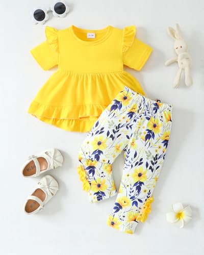 Image of Weebaby Baby Girl Clothes Infant Toddler Girl Clothing Ruffle Shirt High Low Top Floral Allover Pant Little Girls Clothes