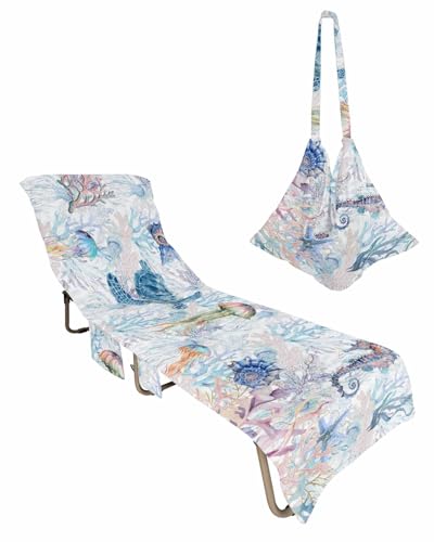 Blue Coastal Turtle Beach Chair Towel Covers for Chaise Lounge with Side Pocket, Soft Plush Pool Towels Cover for Patio Sunbathing Outdoor 29''x85'' Coral Jellyfish Sea Horse Conch