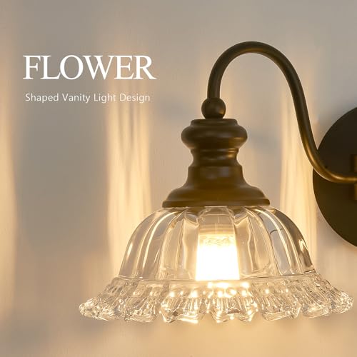 Image of 2 Lights Black Vintage Bathroom Vanity Light Fixture Over Mirror | Floral Transparent Glass Shades,Antique Wall Sconces,Wall Mount Up or Down, E26 Socket, Hardwired