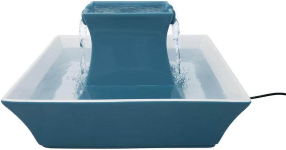 PetSafe Drinkwell Pagoda Trinkbrunnen – Keramikbrunnen mit durchgehendem Wasserfluss, erhöhte Schüssel & Wasserfall-Design, 2 L Fassungsvermögen, Blau