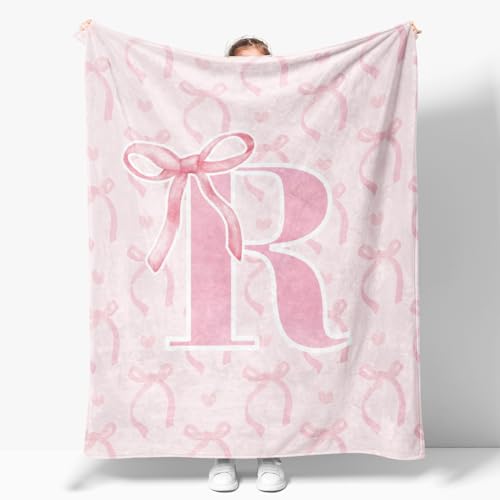 JKMBN Coquette Pink Bow Throw Blanket,Personalized Initial R Soft Fluffy Cozy Flannel Blanket,Monogrammed Gifts for Daughter Women Teen Girls,Customized Blanket for Bedding Bedroom Office,50x60 Inches