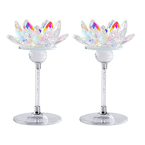 Crystal Candle Holders Set of 2, Lotus Flower Tealight Holders with Clear Glass Base, Rhinestone Stand and Ball, Elegant Table Centerpieces for Home Decor, Wedding, Party