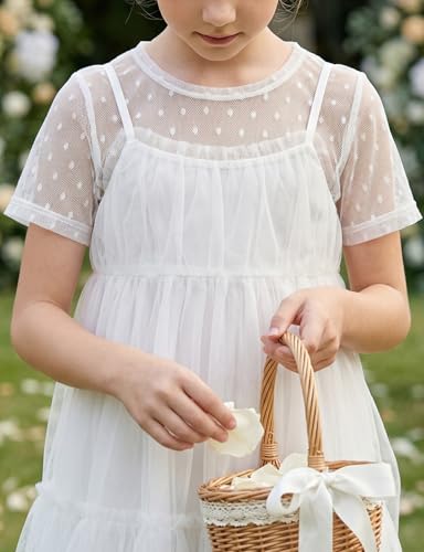 Image of Noomelfish Girls Lace Short Sleeve Layering Tops Sheer Mesh Tee Shirts Blouse (5-12 Years)