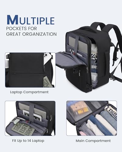 LOVEVOOK Handgepäck Rucksack 40x30x20, Reiserucksack Flugzeug Damen Herren, Carry On Luggage Travel Backpack 24l für 14 Zoll Laptop, Cabin Kofferrucksack mit USB für Arbeit Business Reisen, Schwarz
