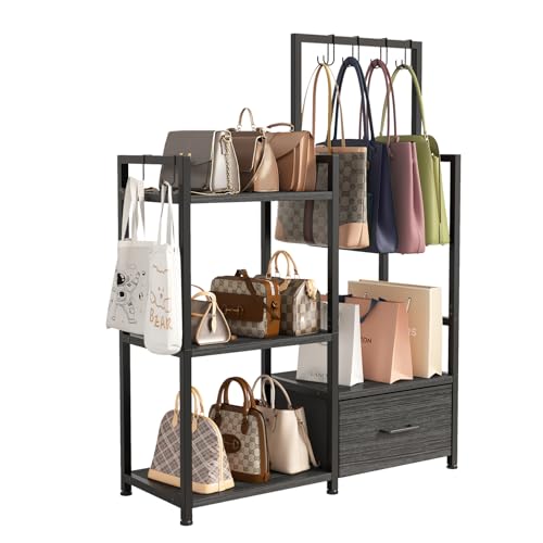 WCBSQX 3-Tier Purse Rack Stand with Pull-Out Drawer & 6 Adjustable Hooks, Heavy-Duty Purse Display Shelf and Closet Organizer, Iron and Wood Floor Standing Storage for Bedroom, Entryway (Dark Gray)