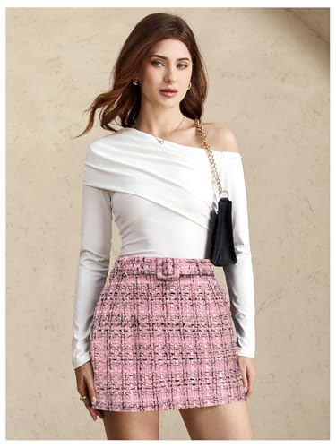 Women's Plaid Mini Skirt High Waisted Business Casual Tweed Skirts with Belt4