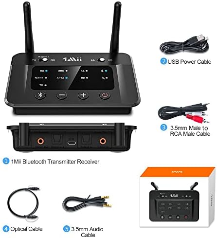 1Mii B03 Bluetooth 5.0 Transmitter Receiver for TV, Low Latency Wireless Audio Adapter for Headphone, Pair 2 at Once, Long Range, Digital Optical, RCA, Splitter for Wire & Wireless