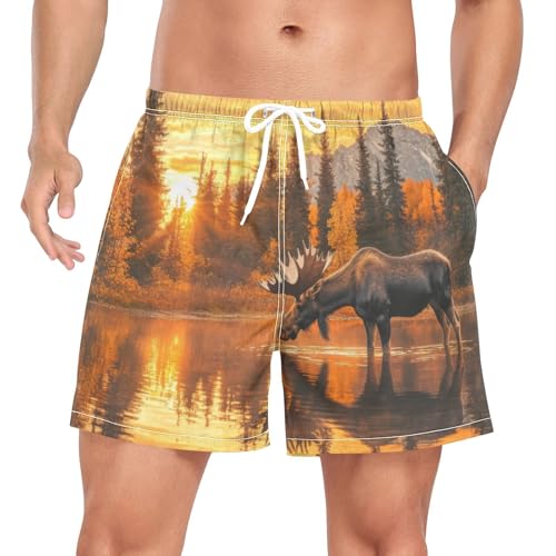 Mens Swim Trunks with Liner, Moose Lake Sunset Tree Cool Quick Dry Beach Swim Shorts, Swimwear Bathing Suits S