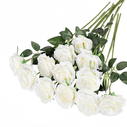 Waibejon 12 Pcs Artificial White Roses with Stems White Fake Roses Artificials Flowers Fake Artificials Whites Rose Silk Flowers for Home Garden Party Hotel Wedding DIY
