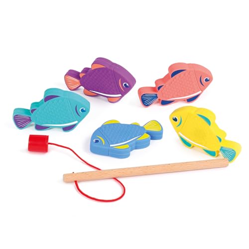 LUDI – Pêche à la Ligne Magnétique – Jeu d’Eau avec Canne en Bois et 5 Poissons en Silicone – Développe motricité et Coordination – Dès 18 Mois