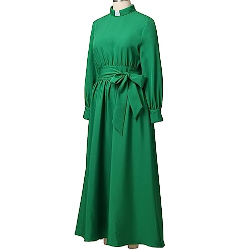 Image of CAMDOM Church Clergy Dress for Women Long Sleeve A Line Elegant Maxi Dress with Tab Insert Stand Collar and BeltA