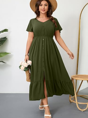 Image of RWJ Women Plus Size Maxi Dress V Neck Short Sleeve Button Trim Split Flowy Tiered Casual Long Dresses 2025 L-3XL