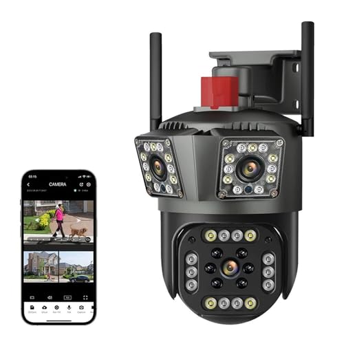 DMETE Cámara IP PTZ de Tres Lentes 6K 12MP con Pantallas Seguimiento automático Ai detección Humana cámaras videovigilancia inalámbricas for Exteriores Fácil instalación(Camera Add 64G)