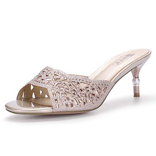IDIFU Womens Silver Gold Wedding Shoes For Bride Bridesmaid Low Kitten Peep Toe Heels Dress Sandals Glitter Formal Slide Mules With Heel(Gold Glitter, 8.5)
