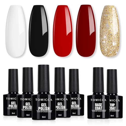 TOMICCA - Smalto Semi Permanente, Kit di Avvio con 5 Colori di Smalto per Unghie con Base Coat & Top Coat No Wipe, Rosso, Bianco, Nero, Glitter, Oro, Gel UV Semi Permanente Soak Off Nail Art, 7 x 8ml