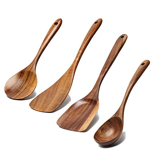 Image of 6 pcs Best Wooden Kitchen Utensils Non Stick Cooking Spoons Wood Spatula Serving Spoon Soup Ladle Utensils Set