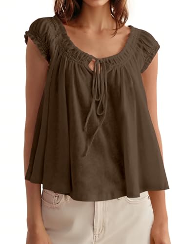 Image of Tankaneo Women Summer Tie Front Tank Tops Cap Sleeve Pleated Babydoll Tops Casual Loose Fit Going Out Flowy Shirt