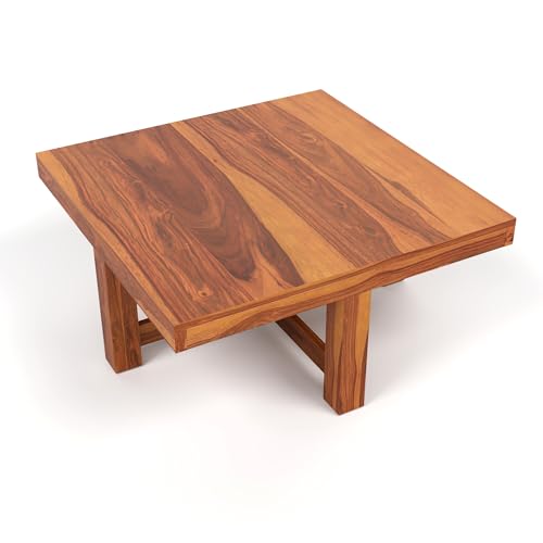 Image of Solid Sheesham Wood Coffee Table with 4 Stool | Center Table with 4 Stools for Living Room | Rosewood Teapoy Table with Cushioned Stool (CNC,Honey Finish)