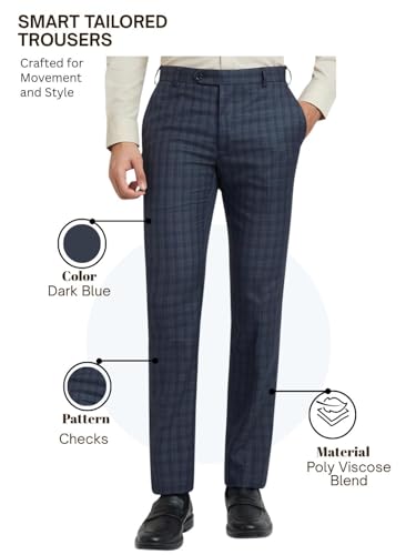 Image of Raymond Men's Slim Fit Mid Rise Checks Pattern Poly Viscose Blend Pleatless Formal Trouser