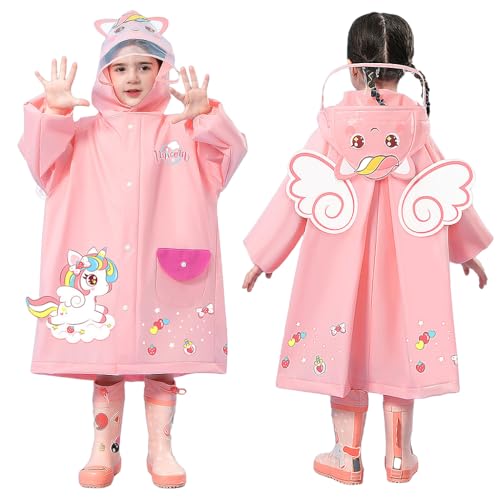 Image of SNOWIE SOFT Hooded Raincoat for Kids Wide Brim Raincoat for Kids 3-8 Years EVA Student Kids Rain Coat for Girls with School Bag Rain Cover Unicorn Print Recommended Height 80-125CM