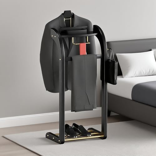 TTVACVX Suit Valet Stands for Women and Men, Wood Valet Stand with Base, Wardrobe Suit Valet Stand Organizer with Trouser Bar and Tie Bar, for Office Living Room (Black)