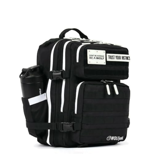 Image of WOLFpak 25L Athletic Gym Backpack (Alpha Black w /White Accents) Durable 1000D Waterproof Oxford Material with MOLLE Webbing, Laptop Pocket & Dual Cup Holders