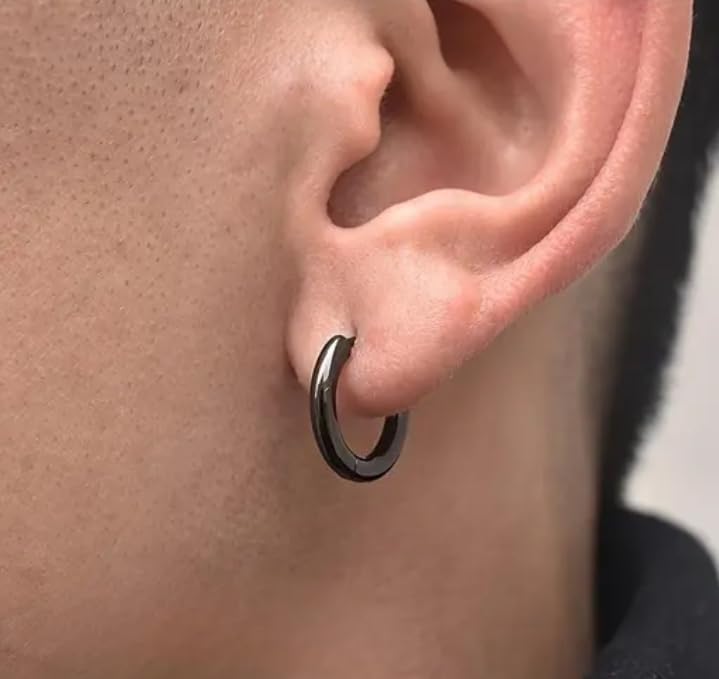 t trendy mart Black Round Hoop Earrings for Men and Boys, 316L Stainless Steel, Non Piercing Fashion Earrings-picture-37