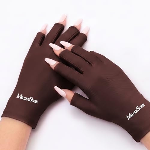 Image of MelodySusie Premium UV Protection Gloves for Manicures, Cool Feeling Fabric,Professional UPF50+, UV Nail Gloves for Gel Nail Lamp, Anti UV Light, Skin Care Fingerless Design,Brown