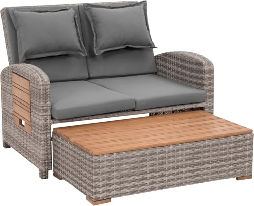 greemotion Gartensofa mit Liegefunktion Bahia Tobago - Sonnenliege mit 5-fach verstellbarer Rückenlehne - Gartenlounge mit zwei klappbaren Seitentabletts - Loungesofa inkl. Hocker 117x93x74 cm