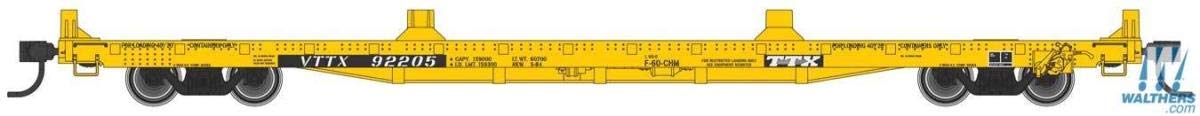 Walthers Mainline HO Scale 1/87 60' Pullman-Standard Flatcar - Ready to Run - TTX VTTX #92277 (20' and 40' Container Loading, Yellow, Black, White)